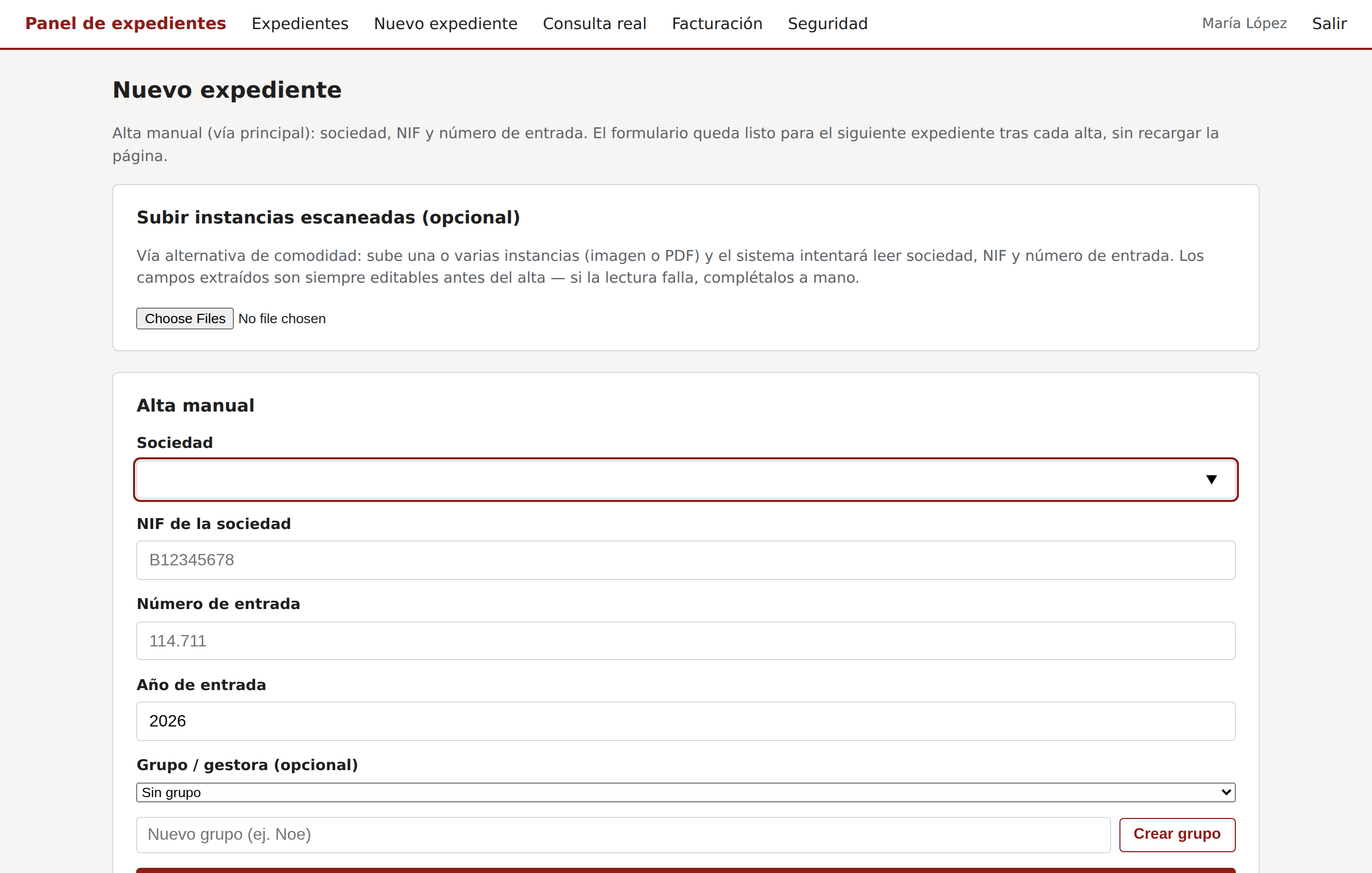Alta de expediente: manual o subiendo la instancia escaneada