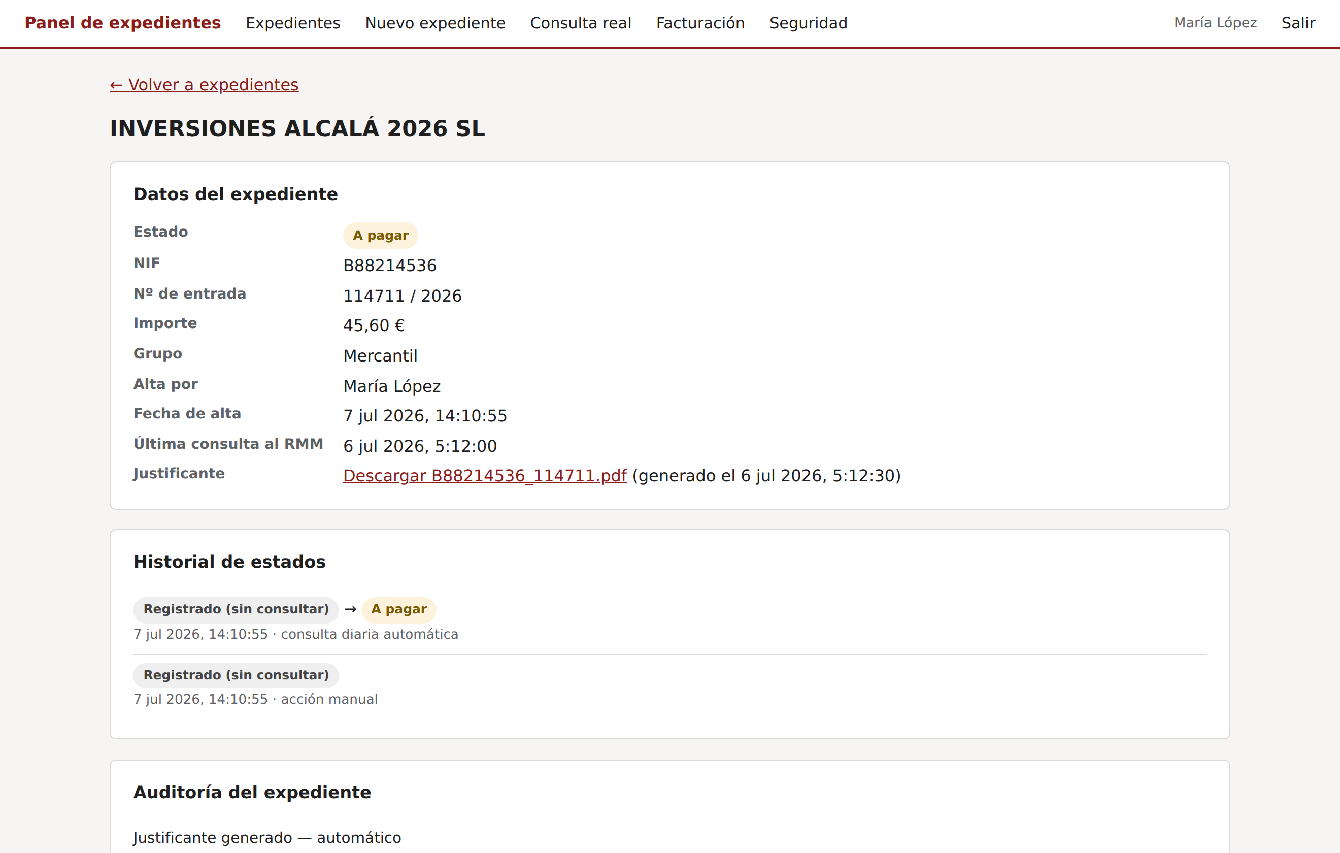 Detalle del expediente con el justificante descargable y su historial