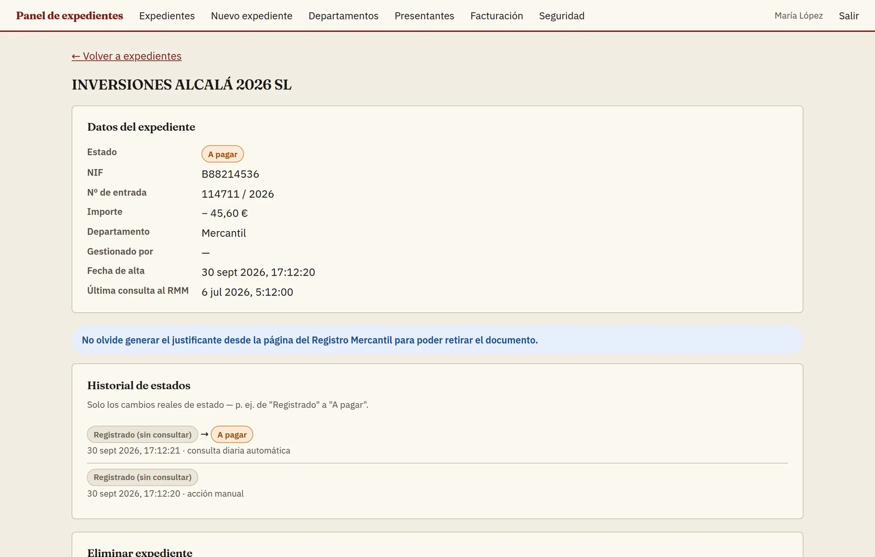 Detalle del expediente con el justificante descargable y su historial